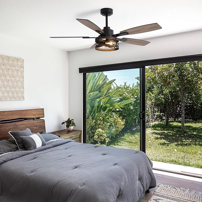 50 Inch Ceiling Fans with Lights and Remote & APP Control, Farmhouse Ceiling Fan with LED Lighting for Bedroom Living Room and Patio, Black Caged Ceiling Fan for Indoor and Outdoor(NO BULBS）