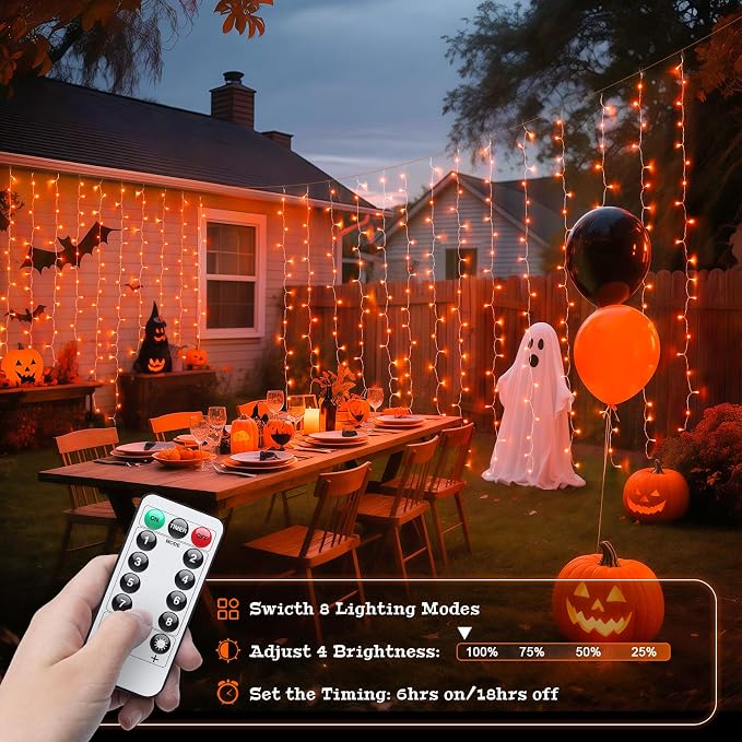 JMEXSUSS Orange Curtain Lights for Halloween, USB Plug in, 200 LED | Remote Control, Halloween Curtain String Lights, 8 Modes Orange Hanging Window Lights for Bedroom Party Indoor Outdoor Decor
