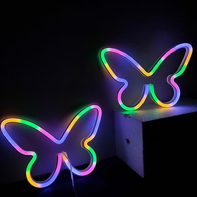 Butterfly Neon Signs for Wall Office Dorm Wedding Birthday Party Room Decor,Neon Butterfly Led Signs Butterfly Decorations for Teen Girls,USB or 3-AA Battery Powered,(2Pack Color)