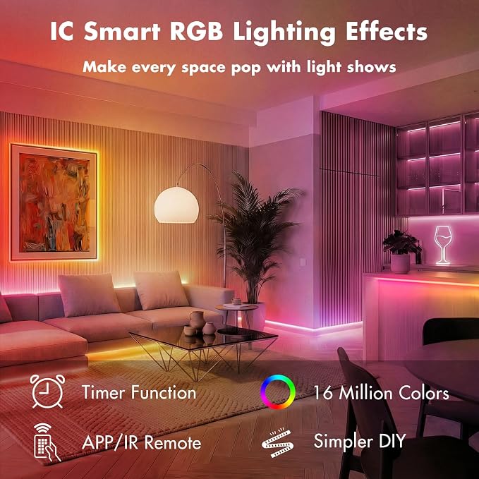 LED Lights for Bedroom, 50FT IC RGB LED Strip Lights, Smart Control | Color Changing, Multiple Colors Chasing Effects, APP & Remote Control, Timer Function, Music Sync Lights for Party, Kitchen