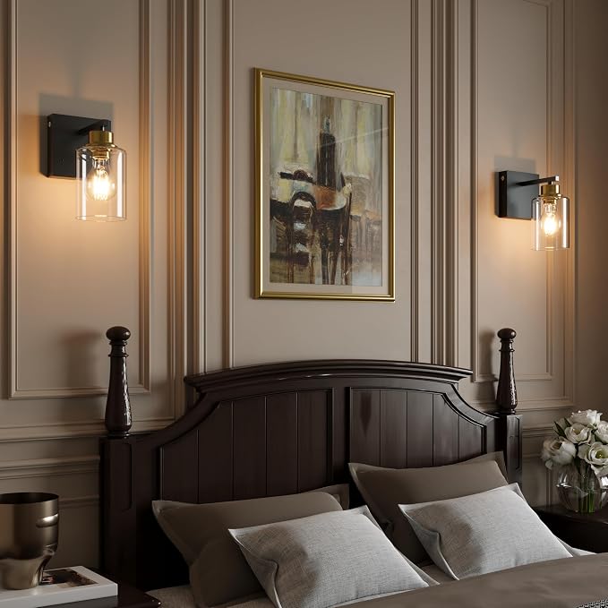 Rayogale Wireless Battery Operated Wall Sconce Set of 2 with Remote Control | Black & Gold Dimmable Rechargeable Wall Lights with Timer, Easy Install Glass Lamp for Living Room Bedroom, Emergency 3000K