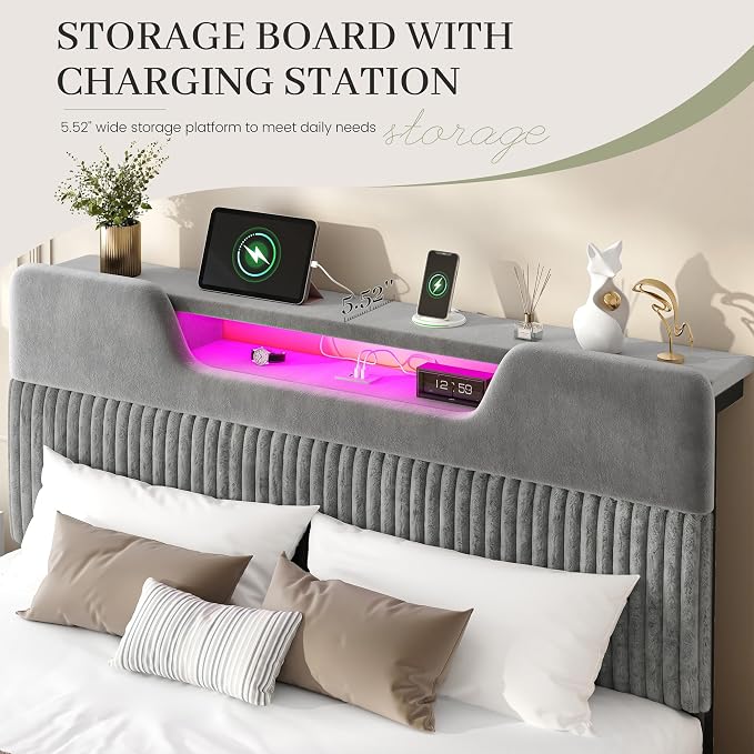 Homkdom Queen Bed Frame with Charging Station & Storage Headboard,Grey | 1USB-C & 2USB-A Charging, RGB LED Lights,7.78" Under-bed Storage,Velvet Upholstered Headboard,No Box Spring,Easy Assembly.
