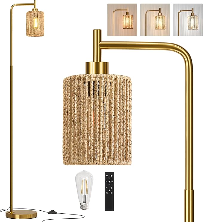 66" Gold Floor Lamp for Living Room, Boho Floor Lamp with Remote Control and LED Bulb, Rattan Shade, Industrial Tall Farmhouse Standing Lamp for Bedroom, Dining Room, Study Room, Office