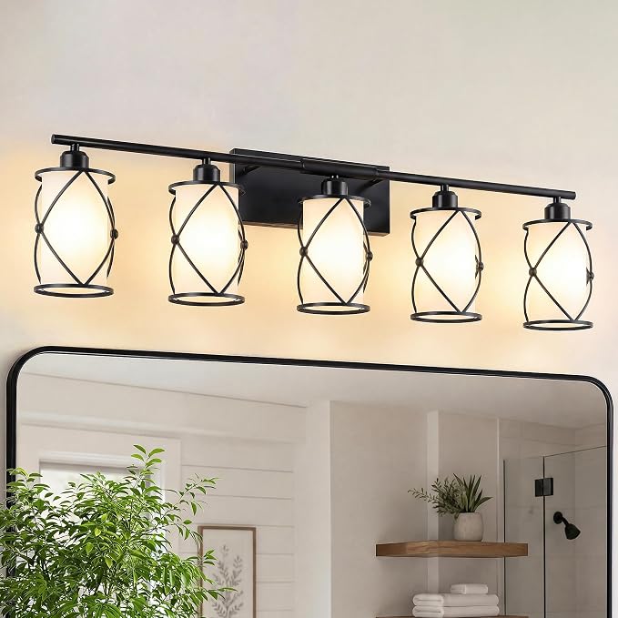 5-Light Matte Black Bathroom Light Fixtures Over Mirror, 38" UL-Listed Modern Farmhouse Wall Sconce Lights with Milk White Frosted Glass and Metal Cage for Bath, E26, CH9176BKW-5W