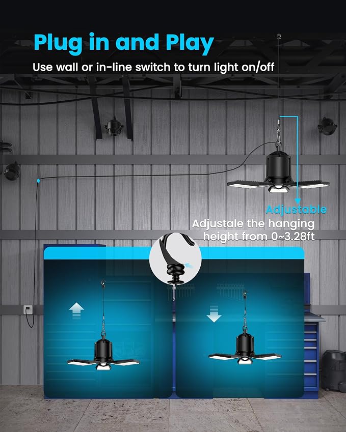 Motion Sensor Garage Light Plug-in, 80W, 8000LM, E26 Base, 1 Pack | Remote & Wall Switch Control, 3 Lighting Modes, Deformable LED Panels, 6500K Daylight, 360° Detection for Basement Workshop