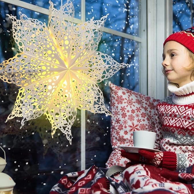 Mudder 5 Pieces Large Christmas Snowflake Paper Lantern with 7 Light 23.6/17.7 Inch Star Paper 3D Hanging Lantern Lamp Party Decoration for Weddings Holiday Xmas Trees(Fresh Style,White)