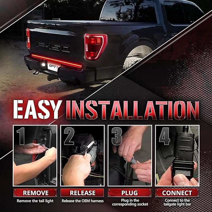 OPT7 Plug'n'Play Bundle for 2021-2023 F150 w/OE Halogen Taillights and Blind Spot Monitor – 60" Redline Double Row Two-Piece LED Tailgate Light Bar w/Amber Turn + Easy Connect Harness