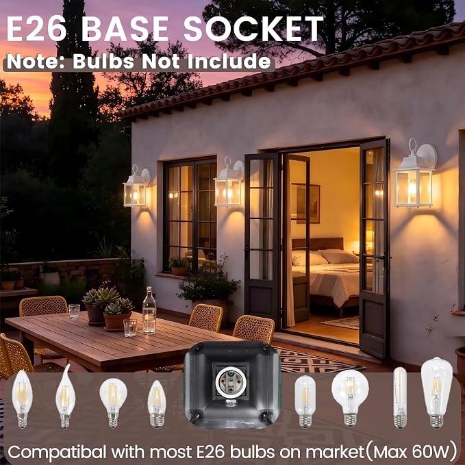 Outdoor Light Fixture, Classic Die-Cast Aluminum & Tempered Glass Porch Light for House, E26 Base (60W Max) Waterproof Wall Lantern for Front Door Garage Garden, ETL Qualified, White, 1 Pack