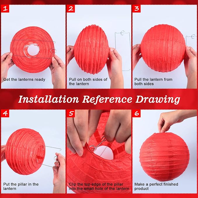 Tenare 12 Pcs Traditional Round Paper Wedding Lantern 4 Size 4, 6, 8, 10 Inch Decorative Ball Hanging Chinese Japanese Paper Lantern for Birthday Party(Black, White, Red)