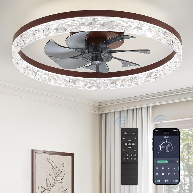 LEDIARY 20" Modern Ceiling Fans with Lights and Remote, Dimmable Low Profile Ceiling Fan, Flush Mount Ceiling Fan, Stepless Color Temperature Change and 6 Speeds - Brown | Fandelier, Dimmable Low Profile, Flush Mount, Stepless Color Temperature Change,...