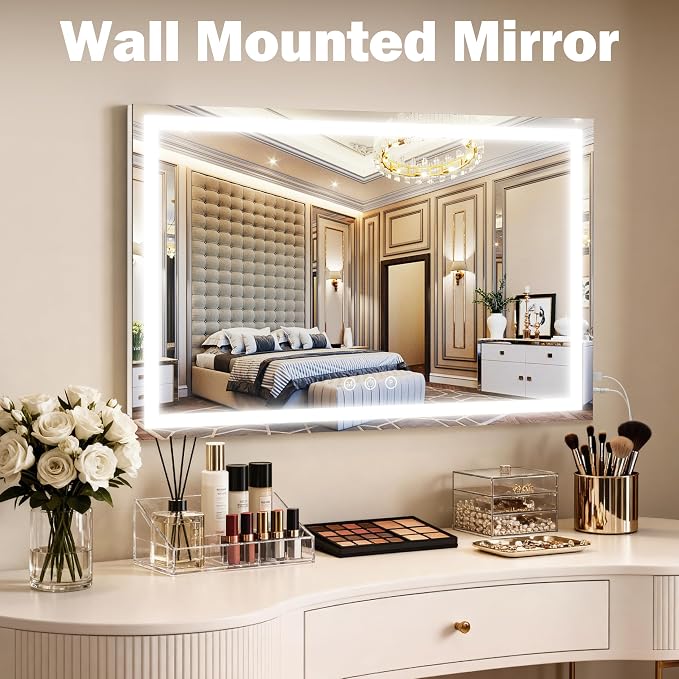ROLOVE 39" x 28" Extra Large Vanity Mirror with Lights, Lighted Makeup Mirror with USB Charging Port & 10X Magnifier, 3 Color Dimmable Smart Touch, Wall Mounted or Tabletop Desk Mirror, White