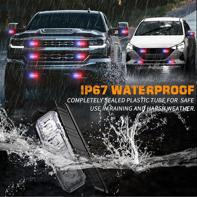 XRIDONSEN 8PCS Sync Grill Police Lights for Truck 32 LED Red Blue Emergency Strobe Lights Flashing Warning Hazard Caution Safety Surface Mount Grille Light for Law Enforcement Vehicles Pickup Car SUV