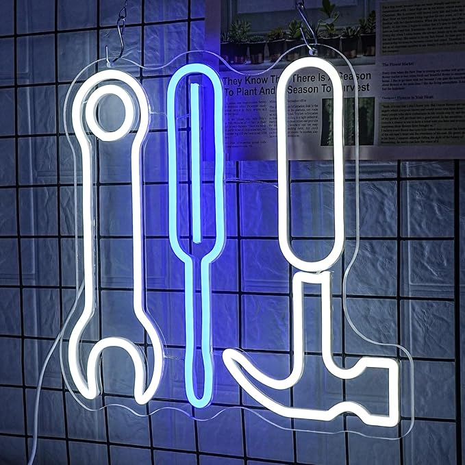 Tool Set Neon Sign Garage Neon Sign for Wall Decor LED Neon Lights for Hardware Shop USB Dimmable Neon Sign for Man Cave Workshop Garages, or Shops 12.9x13.7 Inches