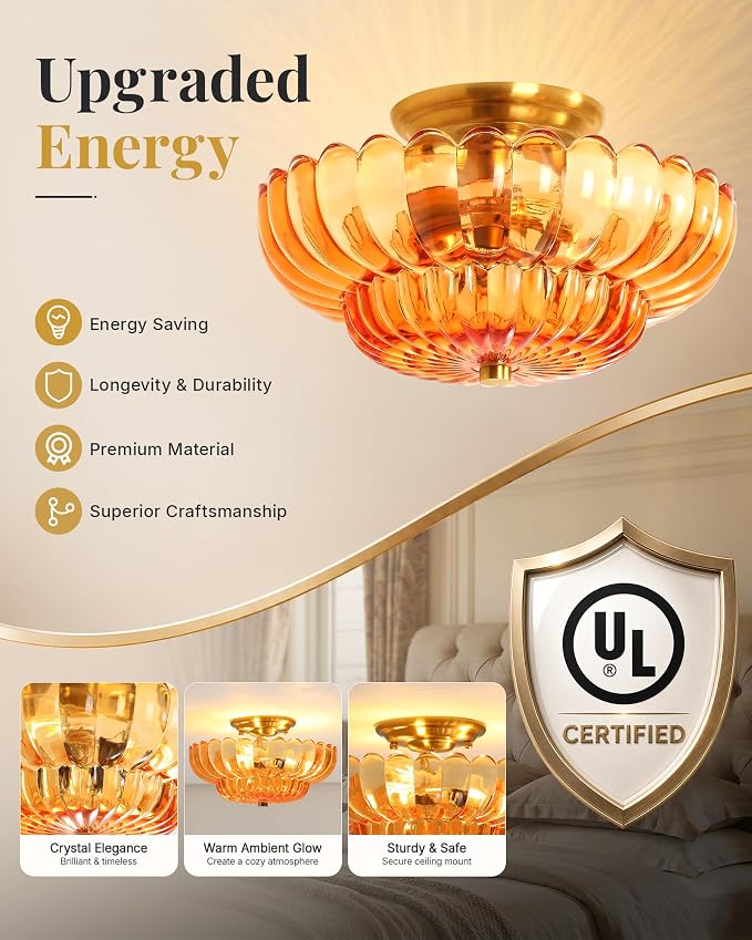 Semi Flush Mount Ceiling Light Fixture 14" Vinatge Gold Ceiling Lights Mid Century Modern Orange Glass Close to Ceiling Lighting Fixtures for Bedroom Hallway Kitchen Laundry Room Bathroom