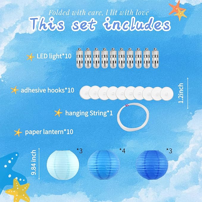 Chinese Paper Lanterns - Pack of 10, 10-Inch Blue/Royal Blue Hanging Lights for Birthday Party Decorations, Ceiling Decor, Rainbow Classroom, Wedding, and Home Party