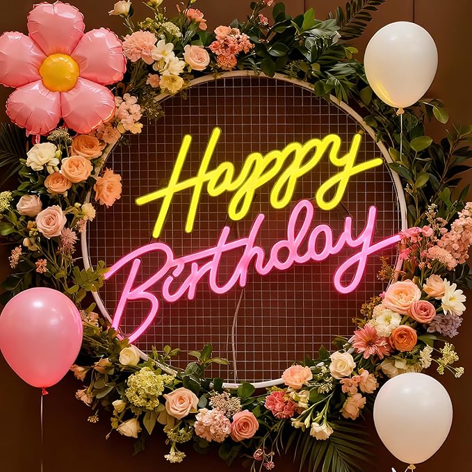 Happy Birthday Neon Sign, Neon Sign for Wall Decor, USB Powered Dimmable Neon Light, LED Happy Birthday Light Up Sign for Party, Perfect for Backdrop Birthday Party Decoration, Yellow and Pink