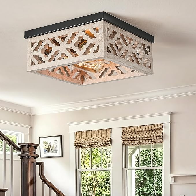 Tarentlight Farmhouse Flush Mount Ceiling Lights, Matte Black Metal & Distressed White MDF Vintage Close to Ceiling Light Fixtures for Kitchen Bedroom DiningRoom Hallway Entryway Foyer Closet Laundry