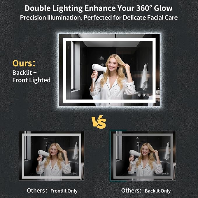 50"x40" LED Bathroom Mirror with Lights, Anti-Fog, Backlit+Frontlit | CRI 95, Stepless Dimmable, 3 Colors Lighting, Shatterproof Tempered Glass, HD Reflection, Memory, (Horizontal/Vertical)