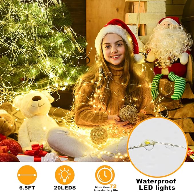 12 Pack Fairy Lights Battery Operated String Lights - 7ft 20 LED Waterproof Silver Wire Firefly Lights for DIY Wedding Décor Table Centerpieces Craft Mason Jars Party Decor(Warm White)