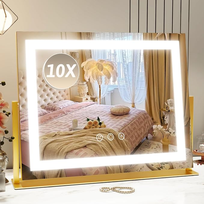 ROLOVE Vanity Mirror with Lights 22"x18", Lighted Makeup Mirror with 10X Magnification, Smart Touch 3 Colors Dimmable, 360° Rotation, Women Gift, Dresser Mount, Bathroom (Gold)