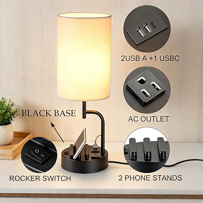 Dreamholder 2 Pack Table Lamp, Bedside Lamp with 3 USB Charging Ports & AC Outlet, USB Desk Lamp with 2 Phone Holders, Linen Fabric Shade Nightstand Lamps for Bedroom Living Room Office, Black