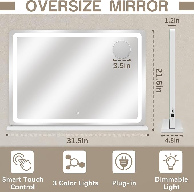 ROLOVE Vanity Mirror with Lights, 32" x 22" Large Lighted Vanity Mirror with Dimmable 3 Modes, LED Makeup Mirror, Touch Screen Control, USB Charging Port, Tabletop or Wall-Mounted