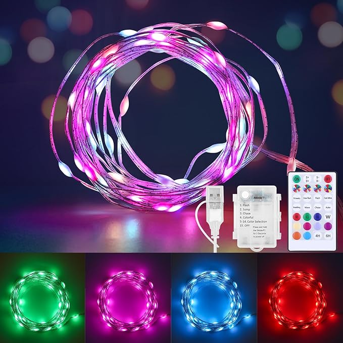 Battery Operated Fairy Lights Color Changing String Lights with Remote | 16.4FT 1-Pack Twinkle LED Lights, USB Plug or Battery Powered, Outdoor Christmas Decorations for Bedroom Party Indoor