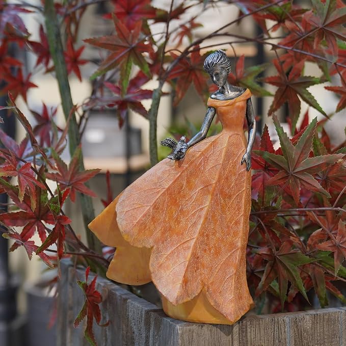 Guichifun Fairy Statue Orange Leaf Angel Girls Fall Decor | Resin, Outside or Inside, Rustic Garden Outdoor Yard, Gift 8.5 x 5.25 x 12 Inch