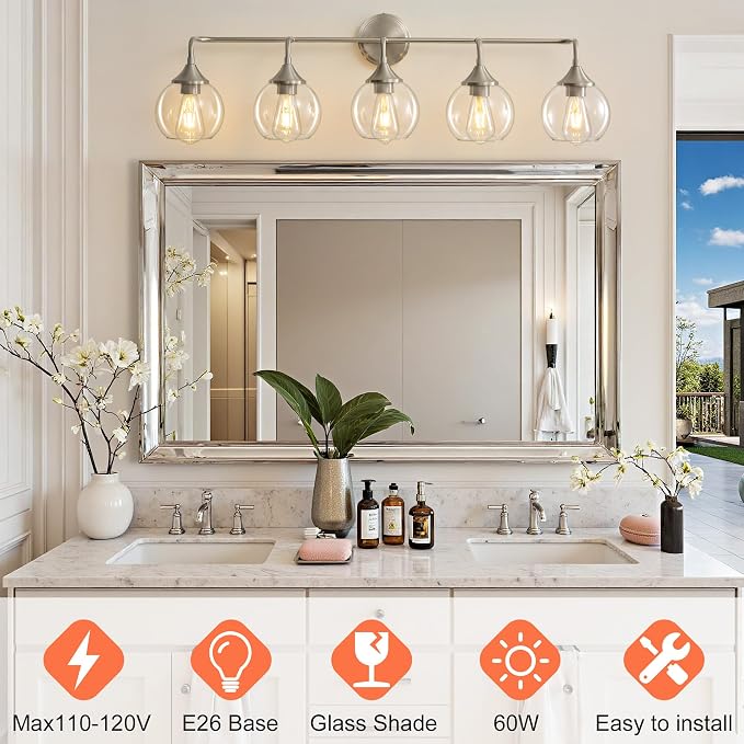 Bathroom Vanity Lights 5-Light Brushed Nickel Vanity Light 39" | Farmhouse Vanity Lighting Fixtures Over Mirror, Thickened Clear Glass Shade, UL E26 Dimmable Vanity Light Fixtures