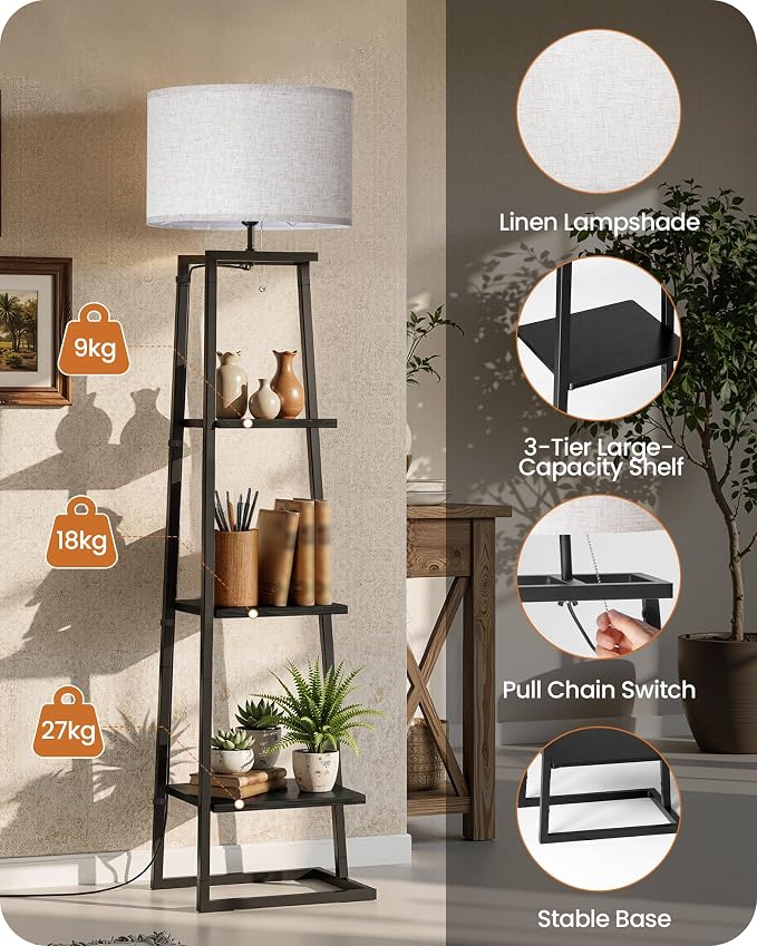 Floor Lamp with 3-Tier Storage Shelves, Standing Floor Lamp with Pull Chain Switch, Industrial Shelf Floor Lamp for Living Room, Bedroom, Office,Bulb Not Included, Black and Beige BE34LD05