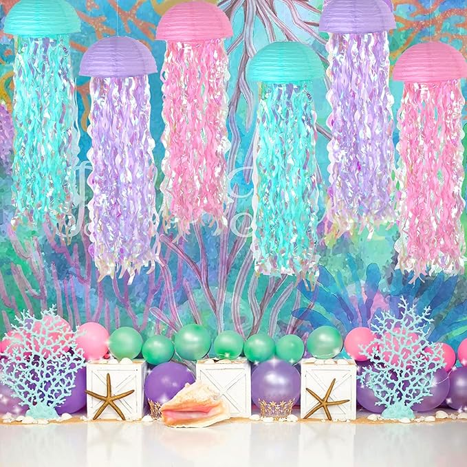 ADLKGG Hanging Jelly Fish Paper Lanterns, Pink Purple Blue Gradient Colorful Paper Lanterns for Mermaid Theme Birthday Party Under The Sea Ocean Baby Shower Indoor Outdoor Decorations