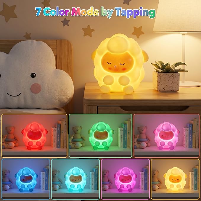 Rechargeable Sheep Night Light for Kids Gift, Soft Silicone Touch LED Lamp, 7 RGB Colors Changing with 3 Adjustable Brightness, Cute Animal Nursery Bedside Nightlight
