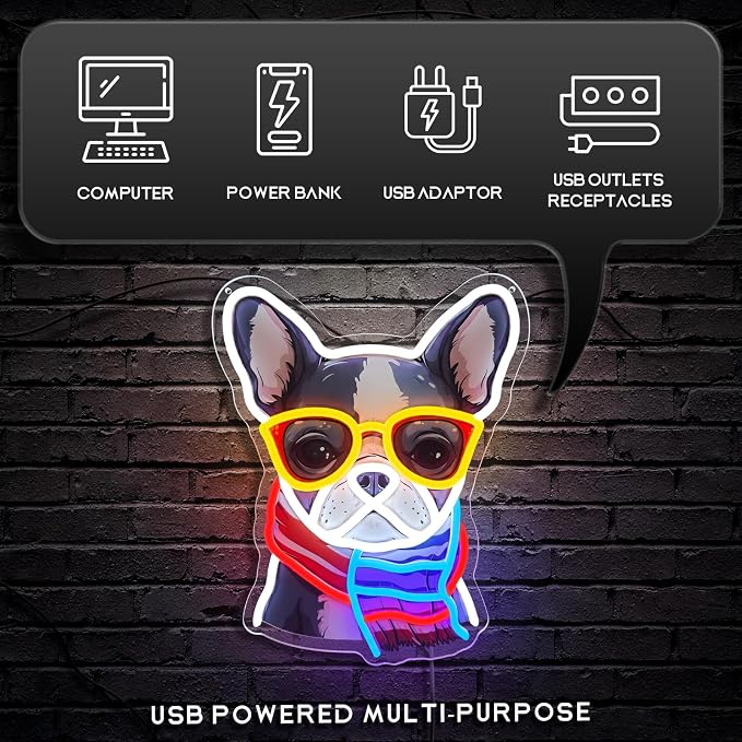 French Bulldog Neon Sign, Bull Dog Led Sign for Wall Decor, Usb Powered Adjustable Brightness Frenchie Wearing a Scarf Led Light for Bedroom Pet Rooms Bar Pub Party Decor, Unique Gift