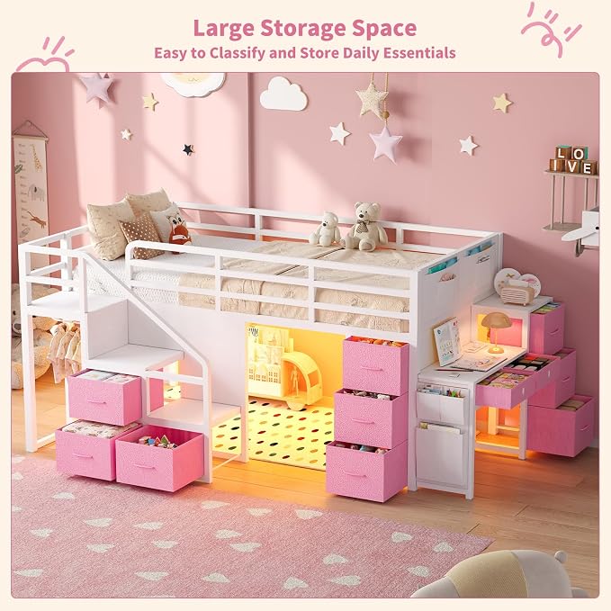 Twin Loft Bed with Desk, RGB Lights & Under Bed Play Fort, White Pink | 11 Storage Drawers, Clothes Rack, Pockets, Wide Step Stairs, 11.8''H Safety Guardrail, Built-in Charging Station
