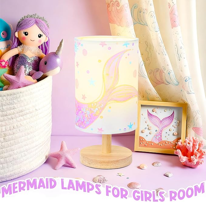 Mermaid Table Lamp for Kids Bedroom - Mermaid Tail Pastel Kids Bedside Lamp with Linen Wooden Nightstand Nursery Lampshade for Girls Room Decor