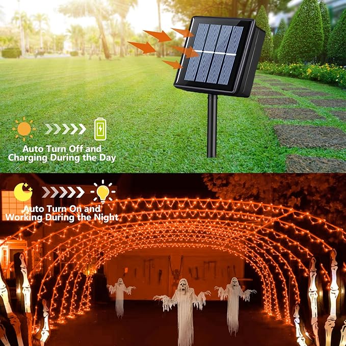 QITONG Orange Solar Rope Lights, 2 Pack Each 33ft 100 LED String Lights Outdoor, Fairy Lights in Clear Thin Tube with 8 Modes for Thanksgiving Fall Decor