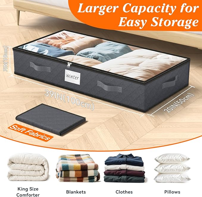 90L Under Bed Storage Containers, Storage Bags, Organizers, 6-Pack, Gray | Foldable, Soft Fabric, Closet Organizers, Reinforced Handle, Label Holder, Clear Window, for Comforters, Clothing, Blankets