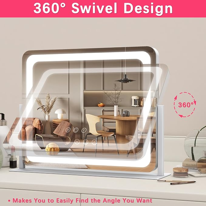 ROLOVE Large Vanity Mirror with Lights, 22"x17" Lighted Makeup Mirror for Desk, 3 Color Dimmable LED Lights, Smart Touch Control & 360° Rotation Tabletop Dresser Mirror (White)