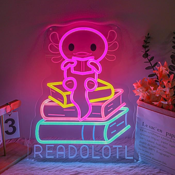 Axolotl Reading Neon Sign, Book Lover LED Light for Classroom Decor | Reading Corner, Classroom Decor, Book Nook, Library Display, Teacher Gift, Cozy Study Space, USB Powered, Soft Glow