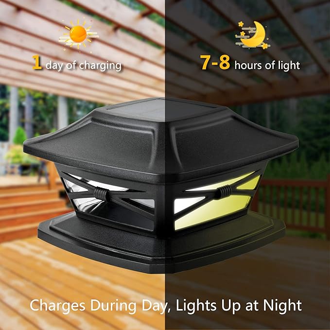 Davinci Flexfit Solar Outdoor Post Cap Lights, 4x4 5x5 6x6, Bright LED, 4PK | Slate Black, Wooden Posts, fence/deck/garden/patio, UV fade-protected plastic, auto-on, 7-8h, cordless, IP44, 25lm warm white