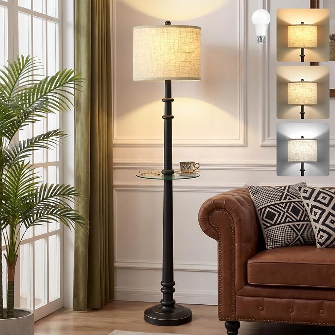 EJIAXIN Floor Lamps for Living Room - 60" Farmhouse Floor Lamp with Adjustable Color Temperatures - Vintage Standing Lamp Reading Light - Retro Tall Lamp with Table for Bedroom Office, Rustic Black