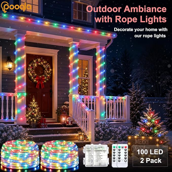 Rope Lights Outdoor, 2 x 100LED Colorful Battery String Lights | Rope Lights Outdoor with 8 Modes Remote&Timer, Waterproof Battery Operated Camping Lights for Car Trampoline