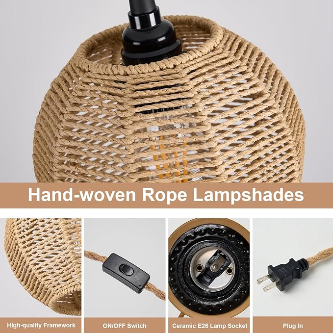 3 Lights Plug in Pendant Light with Cord On/Off Switch | Rattan Hanging Lamp with 22ft Hand Woven Wicker Plug in Chandelier Boho Hanging Lights Fixture