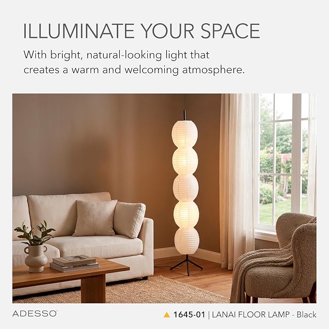 Adesso Paper Lantern 27” Table Lamp, 2-Light Decorative Desk Lamp with White Paper Shade, Tripod Base & in-Line Switch for Bedroom, Office, Living Room Decor