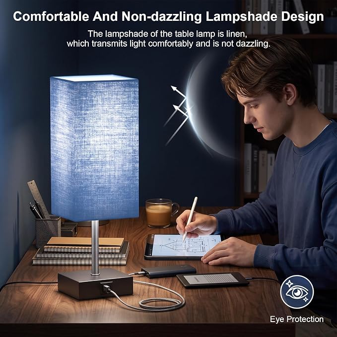 Nightstand Lamps for Bedroom Touch Bedside Table Lamp with USB C+A | Navy Blue Lampshade 14-inch, 3 Way Dimmable Small Bedside Lamps for Living Room ,Dorm, Office, Home Decor, LED Bulbs Included