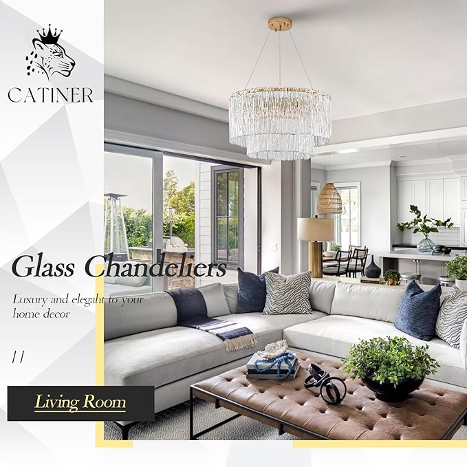 Modern Gold Chandeliers,20” Crystal Glass Pendant Ceiling Light Fixtures 7-Light Round Chandelier Luxury 2 Tiers Hanging Chandelier for Dining Room Foyer Living Room Bedroom