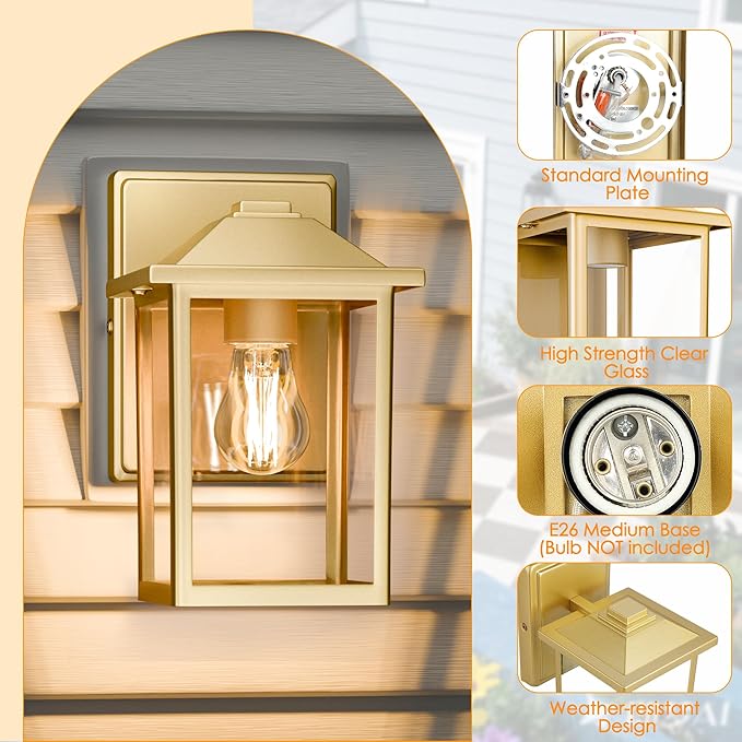 Outdoor Wall Lantern, Exterior Waterproof Wall Sconce Light Fixture, Gold Front Door Mounted Lighting with Glass, Anti-Rust Porch Lamp