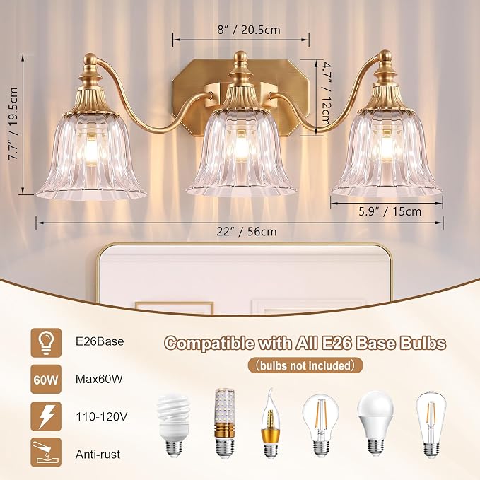 Brushed Gold 3-Light Bathroom Vanity Light, Crystal Glass Shade | Vintage Look, Antique Gold Finish, Solid Metal Frame, Wall Mount Lighting Fixtures Over Mirror, for Bathroom Restroom