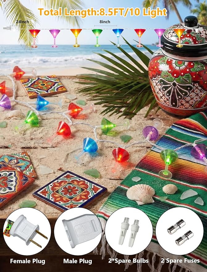 10 LED Cocktail Glass Lights, 8.5Ft Tropical Beach Camping String Lights | Plug in, Multicolor Margarita Drink Cup, Summer Hawaiian Outdoor Decor for Camping Tent Holiday Party Garden