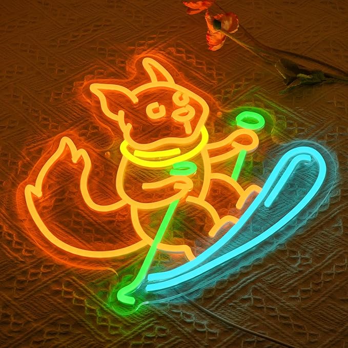 Squirrel Skiing Neon Sign for Wall Decor, Animal Snow Skiing Neon Signs Light, USB Powered Orange Squirrel Led Light Up Sign for Bedroom Pet Store Ski Area Decoration